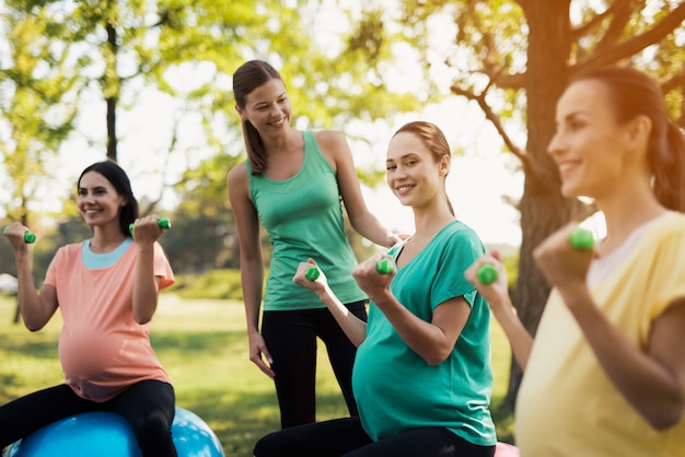 Trzy Kobiety W Ciąży Są Zaangażowane W Fitness W Parku.