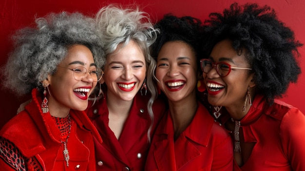 Trzy kobiety w czerwono-białych ubraniach uśmiechają się i śmieją.