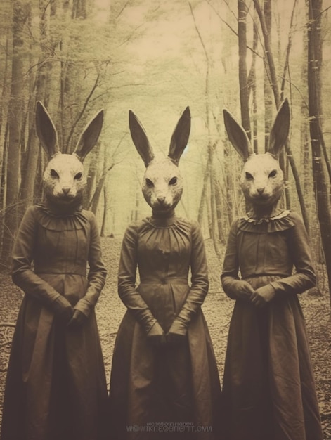 Trzy kobiety w maskach królików stoją w lesie z drzewami generatywnymi ai