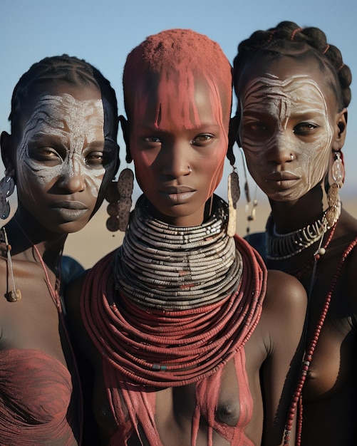 Trzy kobiety w strojach plemiennych pozują na pustyni