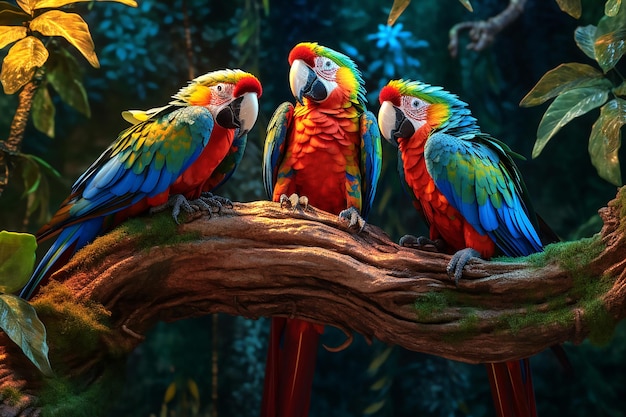 Trzy kolorowe papugi siedzą na gałęzi Generative AI