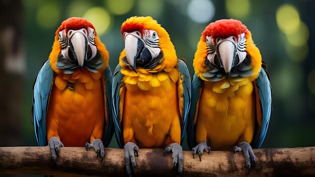 Zdjęcie trzy kolorowe ptaki siedzą na gałęzi z rozmytym tłem generacyjna sztuczna inteligencja