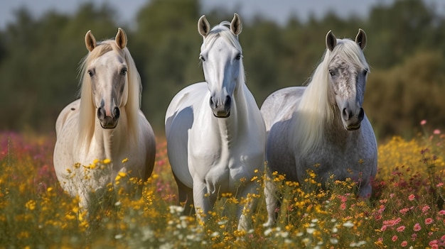 Trzy konie w polu kwiatów