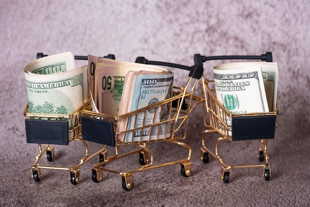 Zdjęcie trzy koszyki na zakupy z dolarami w nich na szarym tle. koncepcja finansów i banków.