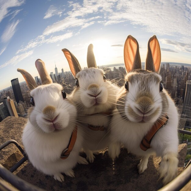 Zdjęcie trzy króliki siedzą na krawędzi z głowami obróconymi generatywnie.