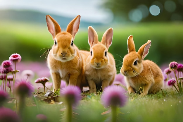 Zdjęcie trzy króliki w polu kwiatów