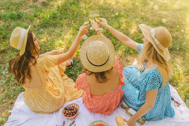 Trzy ładne kobiety na pikniku w przyrodzie