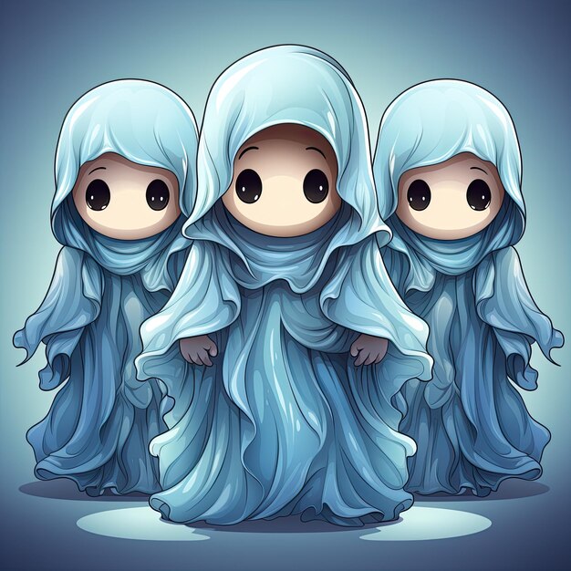 Trzy lalki z niebieskimi głowami, które mówią "trzy"