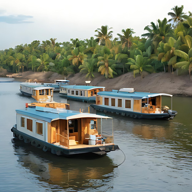 trzy łodzie są zacumowane w rzece z drzewami palmowymi na tle