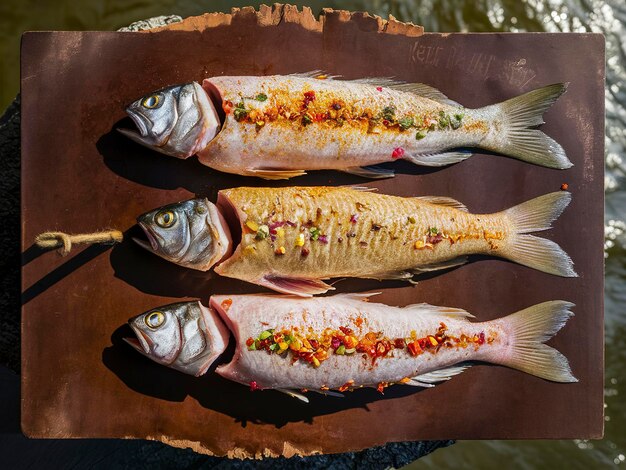 Zdjęcie trzy łuszczone ryby rzeki z przyprawami na brązowej desce drewnianej