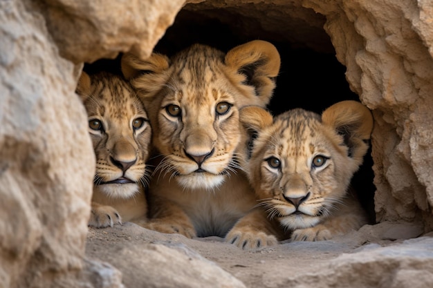 trzy lwy siedzą w jaskini