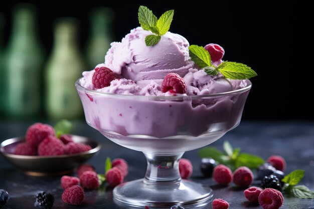 Trzy łyżki lodów z jagodami, lody miętowe w szklanej misce z malinami, jagodami, jagodami i jagodami na stole.