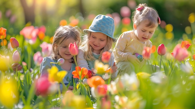 Trzy małe dziewczynki bawią się na polu tulipanów noszą kolorowe suknie i uśmiechają się.