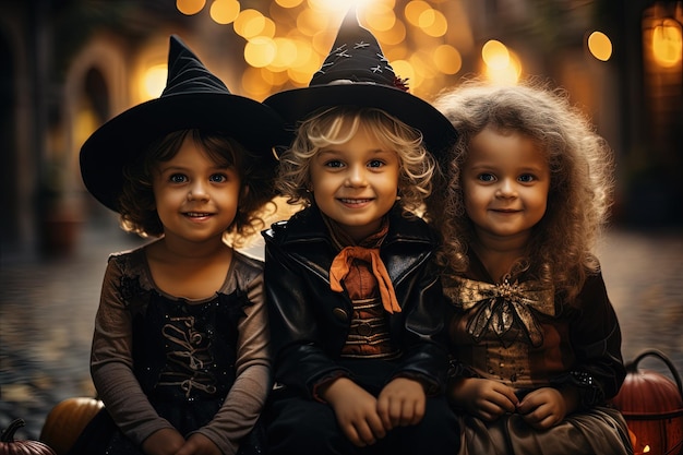 Trzy małe dziewczynki przebrane za czarownice na Halloween.