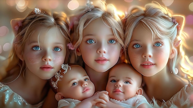 Trzy małe dziewczynki z niebieskimi oczami pozują do kamery.