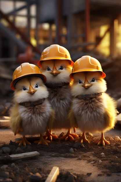 Trzy małe ptaki noszące kaski na budowie generatywnej ai