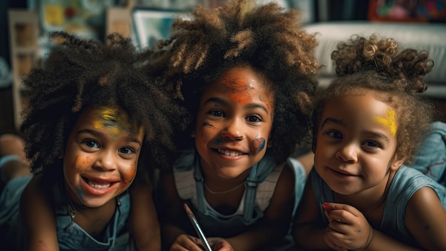 Trzy małe siostry afro malujące w domu Ilustracja generatywna AI