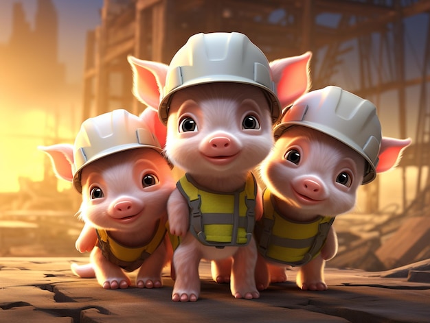 Trzy małe świnie noszące kaski i kamizelki stojące przed placem budowy generatywnej ai