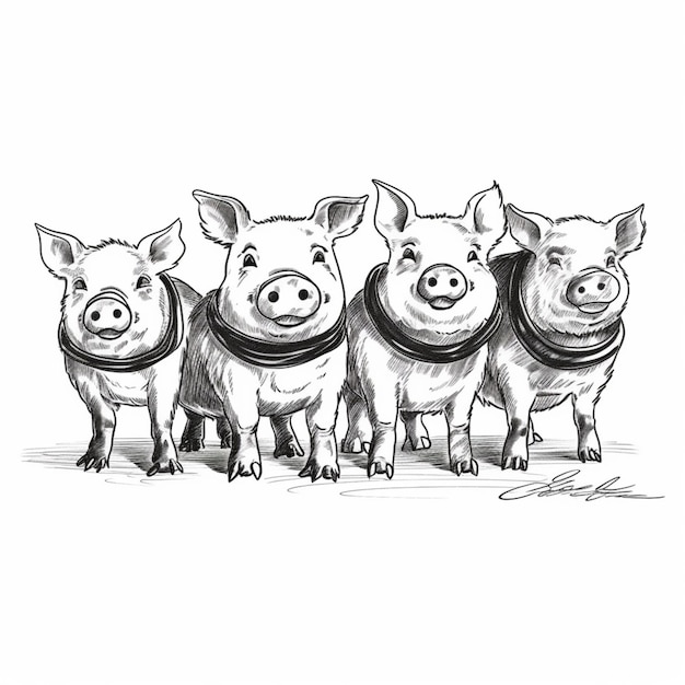 Zdjęcie trzy małe świnki stoją w kolejce z szalikiem na szyi generatywną ai
