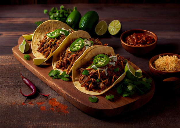 Trzy Meksykańskie Tacos Z Wieprzowiną Carnitas, Kompozycja Płaska, Wygenerowana Przez Ai