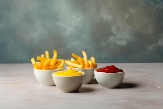 Trzy miski frytek z ketchupem i ketchupem na boku Generative AI