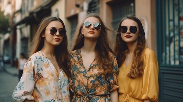 Trzy młode atrakcyjne hipsterki pozujące na ulicy w modnych letnich ubraniach pozytywne modele bawiące się blisko ściany artystycznej szalejące okulary przeciwsłoneczne The Generative AI