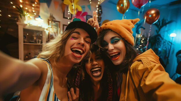 Zdjęcie trzy młode kobiety robią sobie selfie na imprezie, wszystkie uśmiechają się i śmieją, a dwie z nich noszą kapelusze.