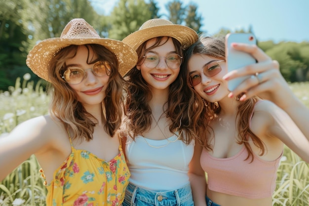 Zdjęcie trzy młode kobiety robią sobie selfie.