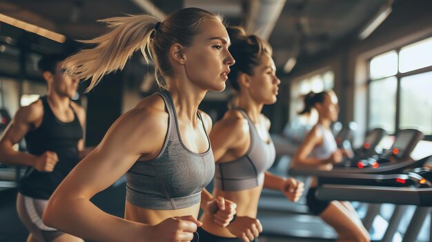 Trzy Młode Kobiety W Strojach Sportowych Biegają Na Bieżni W Siłowni. Wszystkie Są Skoncentrowane Na Treningu.