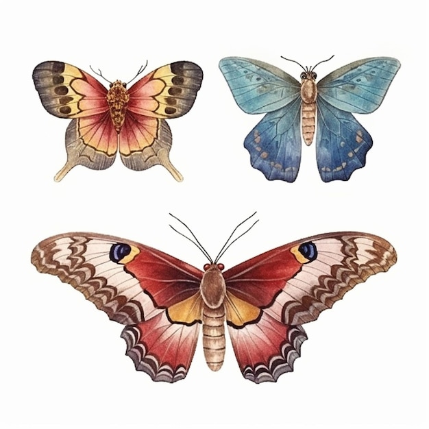 Trzy motyle pomalowane w różnych kolorach i rozmiarach na białym tle