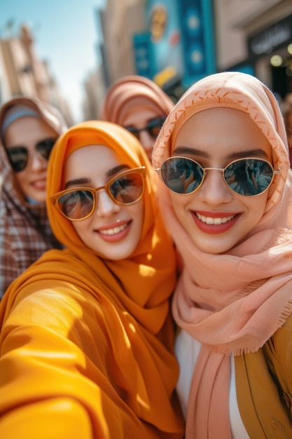 Trzy muzułmańskie kobiety w hidżabach robią grupowe selfie z radosnymi wyrazami twarzy