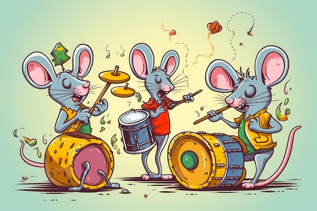 Zdjęcie trzy myszy rysunkowe grające na bębnach i bębnach przed niebieskim tłem generative ai