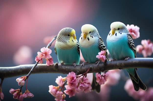 Trzy niebieskie papużki faliste siedzą na gałęzi kwiatów sakury, kopiują miejsce na tekst Generacyjna sztuczna inteligencja