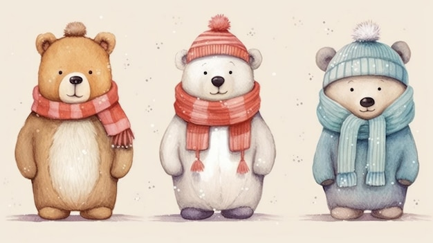 Trzy niedźwiedzie w czapkach i szalikach, z których jeden ma na sobie szalik.