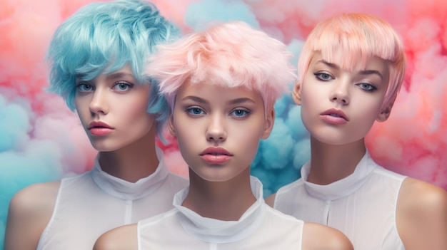 Trzy nowoczesne futurystyczne młode kobiety z krótkimi włosami na pastelowym tle stworzone za pomocą generatywnej sztucznej inteligencji