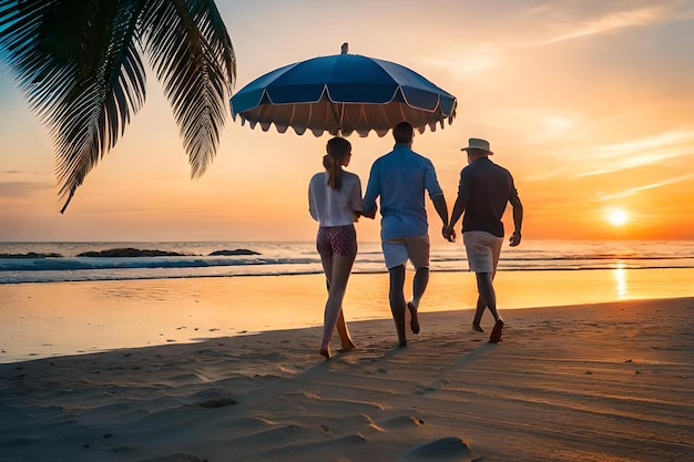 Trzy osoby spacerujące po plaży z parasolem