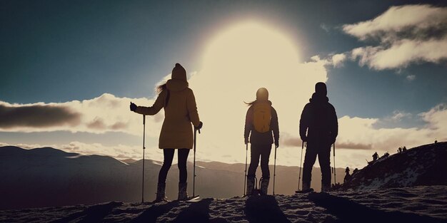 Trzy osoby stojące na wzgórzu z kijkami narciarskimi i jasnym słońcem za nimi.