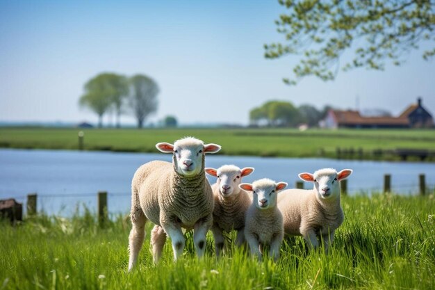 Trzy owce stoją na polu z barankami.