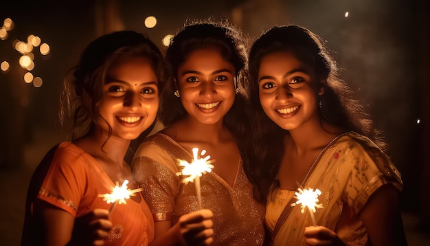 Trzy piękne dziewczyny podczas Diwali w Indiach