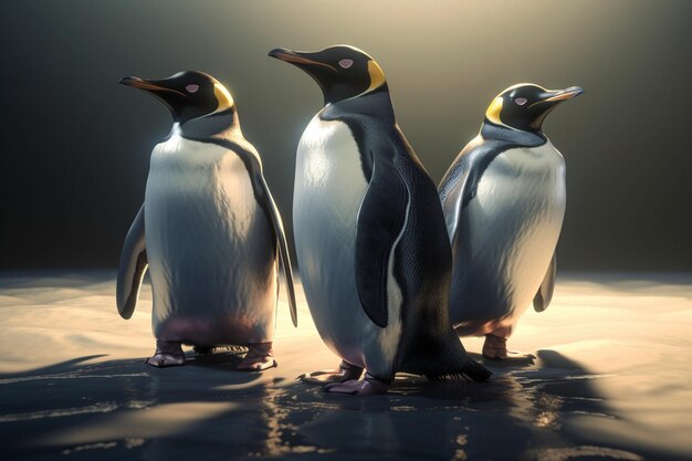 Trzy pingwiny stoją na lodzie w ciemności.