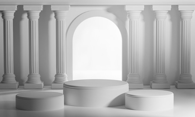 Zdjęcie trzy podium jasne lśniące drzwi klasyczne kolumny kolumnowe colonade rendering 3d