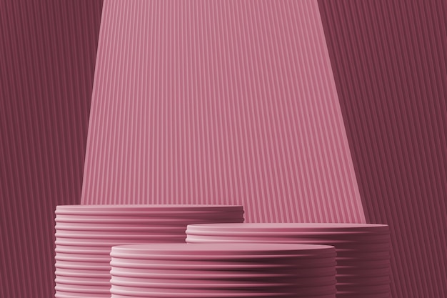 Trzy podium na abstrakcyjnych liniach gradientu i falach pacific różowym tle do prezentacji produktu