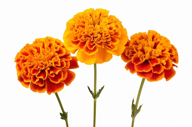 Zdjęcie trzy pomarańczowe kwiaty w wazonie na białej powierzchni