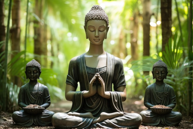 Trzy posągi buddów siedzących pośrodku leśnej ai