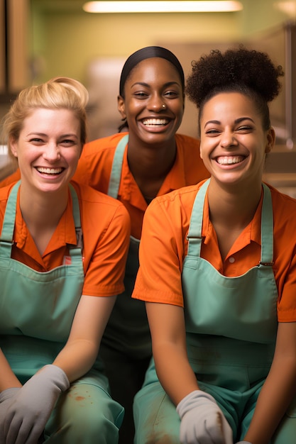 Trzy pracownice sprzątające uśmiechają się w stylu mediów społecznościowych