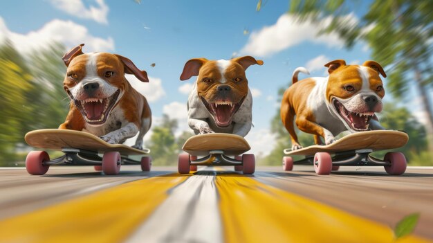 Zdjęcie trzy psy na deskorolkach jeden szczeka szalenie i próbuje wyciągnąć innych w wyścigu podczas gdy