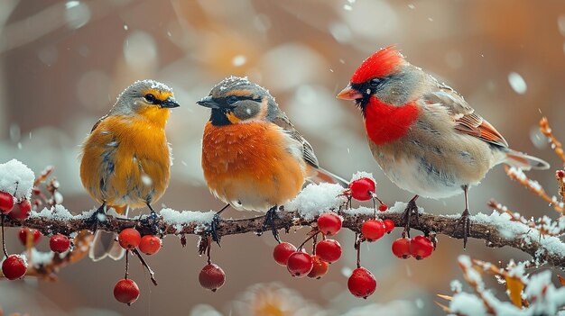 trzy ptaki na gałęzi z czerwonymi jagodami na śniegu