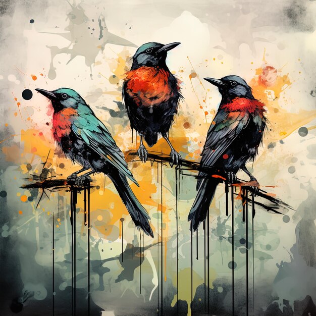 trzy ptaki z jednym czerwonym i pomarańczowym na dole