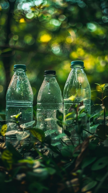 Trzy puste plastikowe butelki ukryte wśród zielonych liści