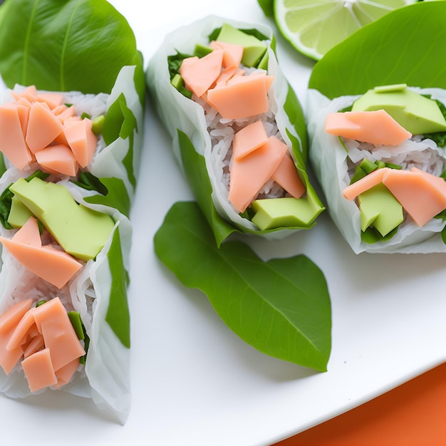 Trzy rolki sushi z tuńczykiem i tuńczykiem na talerzu.